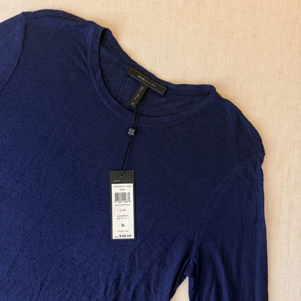 BCBGMAXAZRIA Shae High-Low Tunic Top Navy Blue Silk Blend Long Sleeve M - Picture 5 of 8